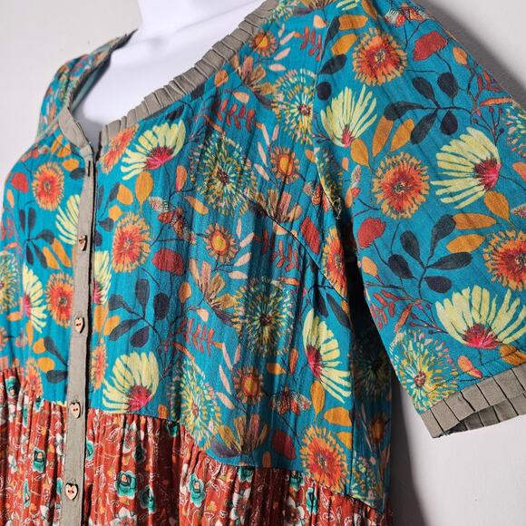 Natural Life Boho Floral Cotton Maxi Dress Women’s M Button Front Tiered Fall - Picture 3 of 9